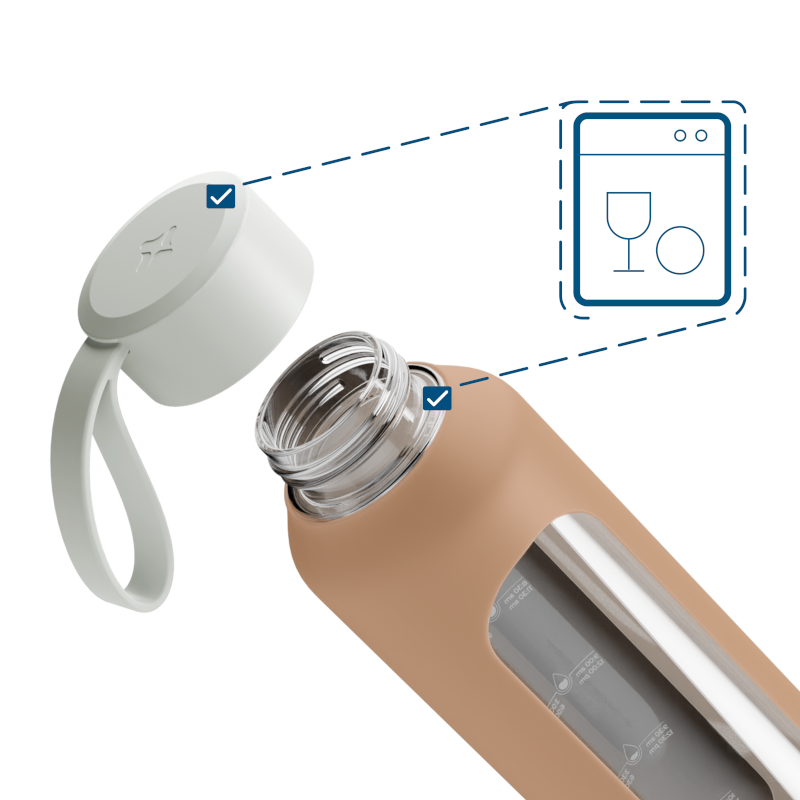 Szklana butelka na wodę 0,5 l Wessper B1 Borosilicate w zestawie z etui silikonowym Beige – szczelna, bez BPA, z miarką Szklana butelka na wodę 0,5 l Wessper B1 Borosilicate w zestawie z etui silikonowym Beige – szczelna, bez BPA, z miarką