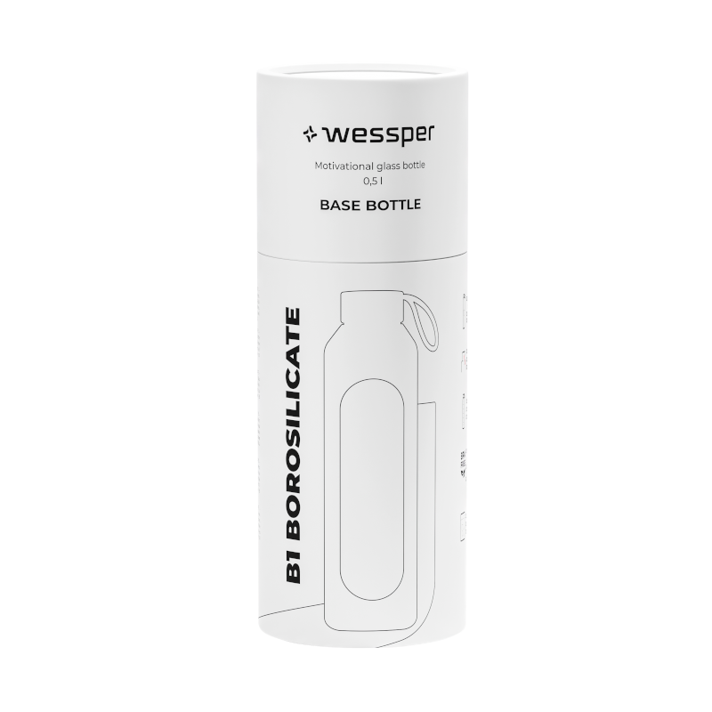 Szklana butelka na wodę 0,5 l Wessper B1 Borosilicate w zestawie z etui silikonowym Lagoon – szczelna, bez BPA, z miarką Szklana butelka na wodę 0,5 l Wessper B1 Borosilicate w zestawie z etui silikonowym Lagoon – szczelna, bez BPA, z miarką