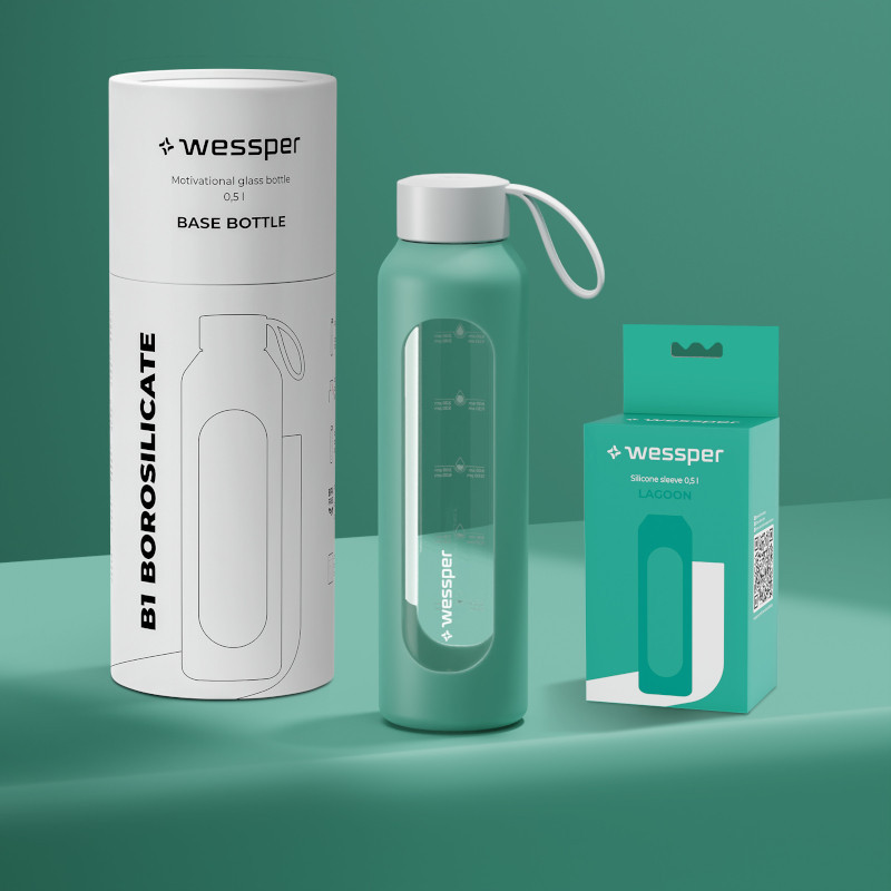 Szklana butelka na wodę 0,5 l Wessper B1 Borosilicate w zestawie z etui silikonowym Lagoon – szczelna, bez BPA, z miarką Szklana butelka na wodę 0,5 l Wessper B1 Borosilicate w zestawie z etui silikonowym Lagoon – szczelna, bez BPA, z miarką