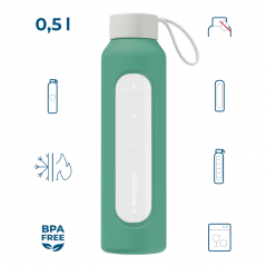Szklana butelka na wodę 0,5 l Wessper B1 Borosilicate Lagoon – szczelna, bez BPA, z miarką
