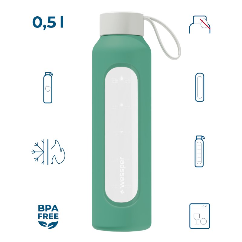 Szklana butelka na wodę 0,5 l Wessper B1 Borosilicate w zestawie z etui silikonowym Lagoon – szczelna, bez BPA, z miarką Szklana butelka na wodę 0,5 l Wessper B1 Borosilicate w zestawie z etui silikonowym Lagoon – szczelna, bez BPA, z miarką