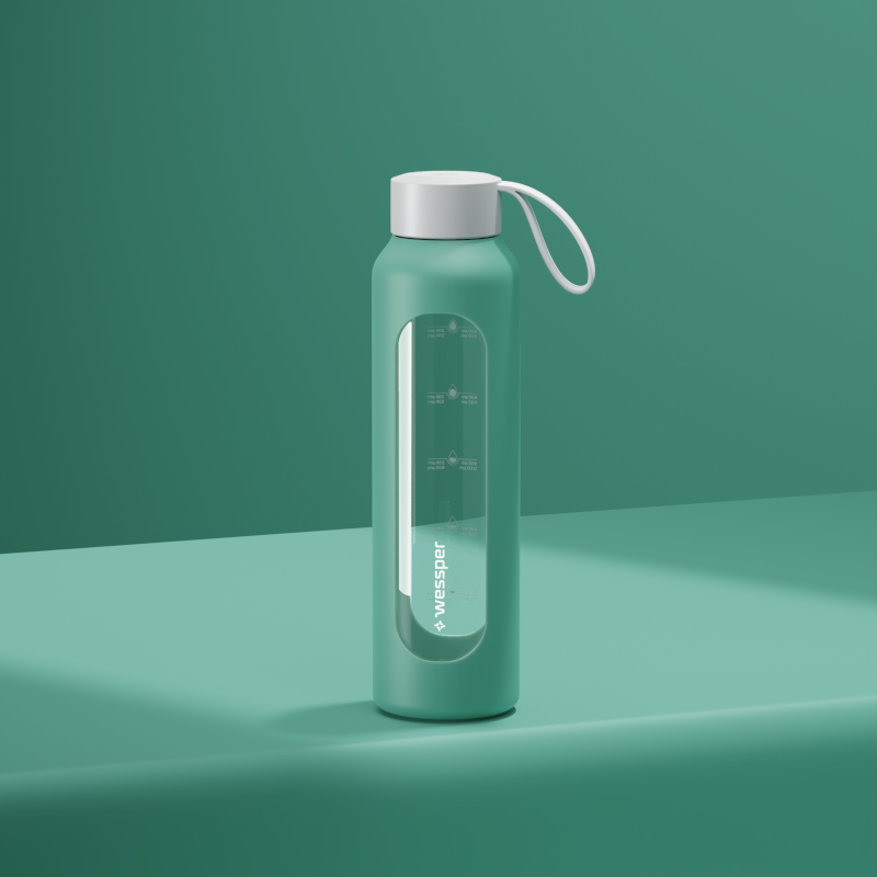 Szklana butelka na wodę 0,5 l Wessper B1 Borosilicate w zestawie z etui silikonowym Lagoon – szczelna, bez BPA, z miarką Szklana butelka na wodę 0,5 l Wessper B1 Borosilicate w zestawie z etui silikonowym Lagoon – szczelna, bez BPA, z miarką