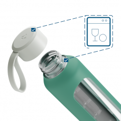 Szklana butelka na wodę 0,5 l Wessper B1 Borosilicate Lagoon – szczelna, bez BPA, z miarką