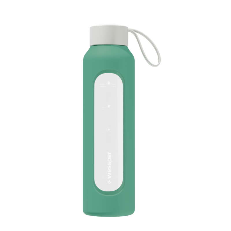 Szklana butelka na wodę 0,5 l Wessper B1 Borosilicate Lagoon – szczelna, bez BPA, z miarką