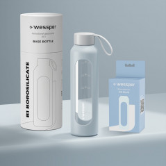 Szklana butelka na wodę 0,5 l Wessper B1 Borosilicate Ice Blue – szczelna, bez BPA, z miarką