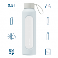 Szklana butelka na wodę 0,5 l Wessper B1 Borosilicate Ice Blue – szczelna, bez BPA, z miarką