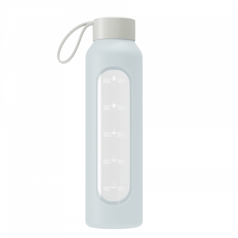 Szklana butelka na wodę 0,5 l Wessper B1 Borosilicate w zestawie z etui silikonowym Ice Blue – szczelna, bez BPA, z miarką