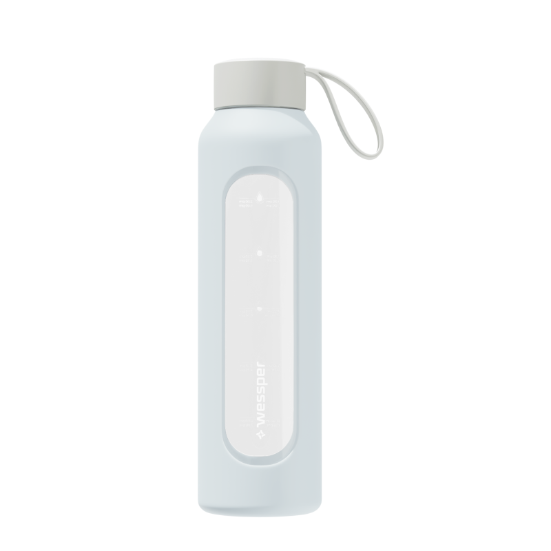 Szklana butelka na wodę 0,5 l Wessper B1 Borosilicate Ice Blue – szczelna, bez BPA, z miarką