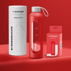 Szklana butelka na wodę 0,5 l Wessper B1 Borosilicate Poppy – szczelna, bez BPA, z miarką