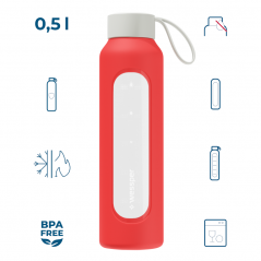 Szklana butelka na wodę 0,5 l Wessper B1 Borosilicate Poppy – szczelna, bez BPA, z miarką