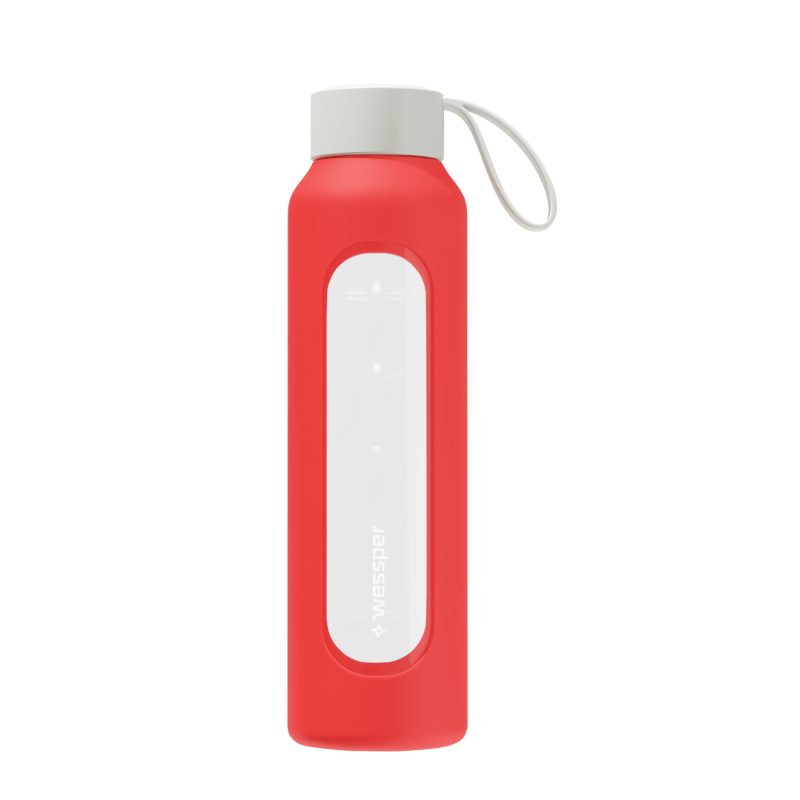 Szklana butelka na wodę 0,5 l Wessper B1 Borosilicate Poppy – szczelna, bez BPA, z miarką