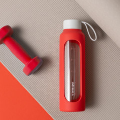 Szklana butelka na wodę 0,5 l Wessper B1 Borosilicate Poppy – szczelna, bez BPA, z miarką
