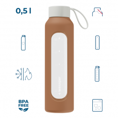 Szklana butelka na wodę 0,5 l Wessper B1 Borosilicate Mokka – szczelna, bez BPA, z miarką