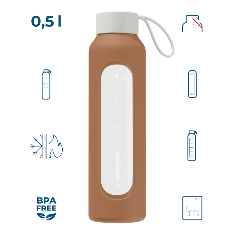 Szklana butelka na wodę 0,5 l Wessper B1 Borosilicate w zestawie z etui silikonowym Mokka – szczelna, bez BPA, z miarką Szklana butelka na wodę 0,5 l Wessper B1 Borosilicate w zestawie z etui silikonowym Mokka – szczelna, bez BPA, z miarką