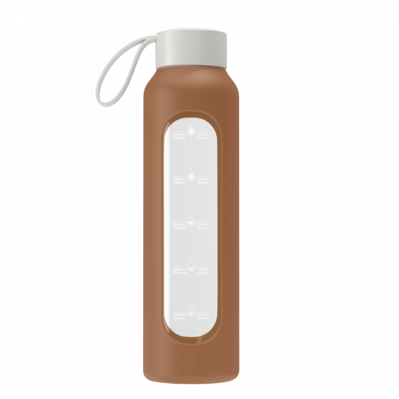 Szklana butelka na wodę 0,5 l Wessper B1 Borosilicate w zestawie z etui silikonowym Mokka – szczelna, bez BPA, z miarką