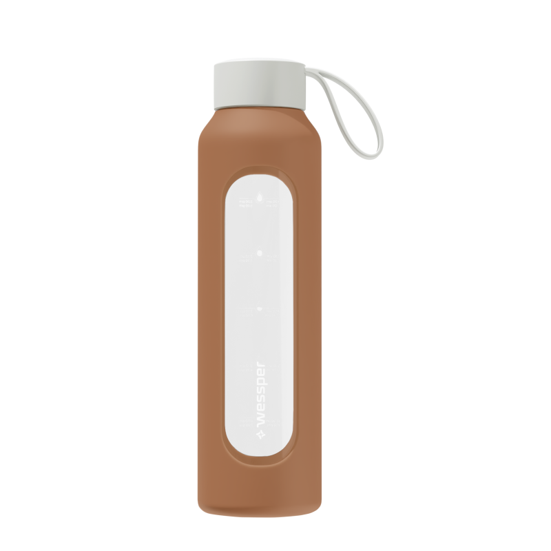 Szklana butelka na wodę 0,5 l Wessper B1 Borosilicate Mokka – szczelna, bez BPA, z miarką
