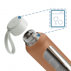 Szklana butelka na wodę 0,5 l Wessper B1 Borosilicate Mokka – szczelna, bez BPA, z miarką