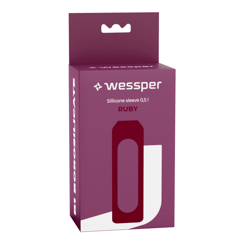 Szklana butelka na wodę 0,5 l Wessper B1 Borosilicate w zestawie z etui silikonowym Ruby – szczelna, bez BPA, z miarką Szklana butelka na wodę 0,5 l Wessper B1 Borosilicate w zestawie z etui silikonowym Ruby – szczelna, bez BPA, z miarką