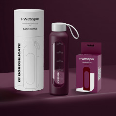Szklana butelka na wodę 0,5 l Wessper B1 Borosilicate Ruby – szczelna, bez BPA, z miarką