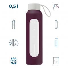 Szklana butelka na wodę 0,5 l Wessper B1 Borosilicate Ruby – szczelna, bez BPA, z miarką