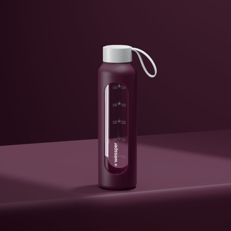 Szklana butelka na wodę 0,5 l Wessper B1 Borosilicate w zestawie z etui silikonowym Ruby – szczelna, bez BPA, z miarką Szklana butelka na wodę 0,5 l Wessper B1 Borosilicate w zestawie z etui silikonowym Ruby – szczelna, bez BPA, z miarką