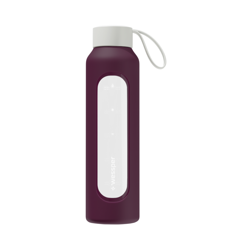 Szklana butelka na wodę 0,5 l Wessper B1 Borosilicate Ruby – szczelna, bez BPA, z miarką
