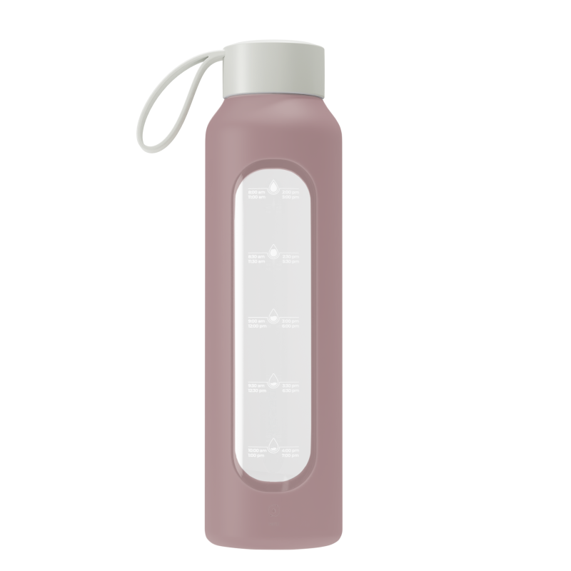 Szklana butelka na wodę 0,5 l Wessper B1 Borosilicate w zestawie z etui silikonowym Dusty Rose – szczelna, bez BPA, z miarką