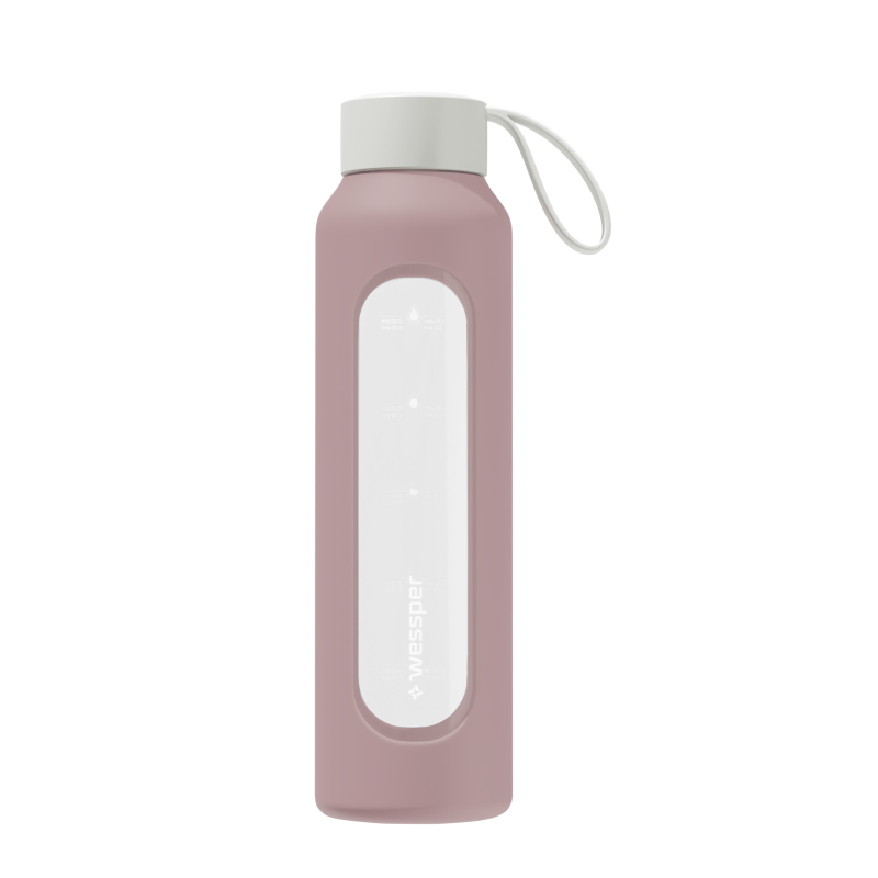 Szklana butelka na wodę 0,5 l Wessper B1 Borosilicate Dusty rose – szczelna, bez BPA, z miarką