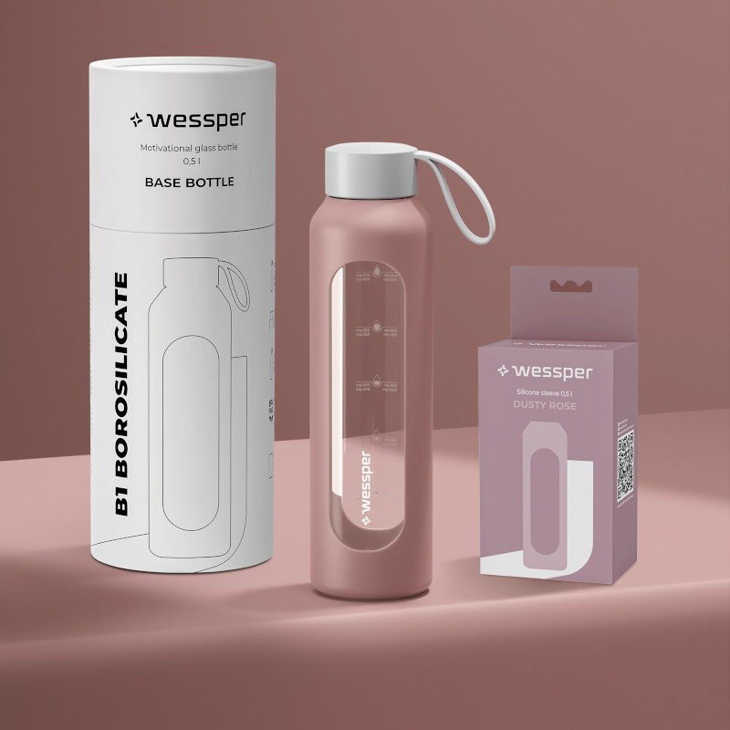 Szklana butelka na wodę 0,5 l Wessper B1 Borosilicate w zestawie z etui silikonowym Dusty Rose – szczelna, bez BPA, z miarką Szklana butelka na wodę 0,5 l Wessper B1 Borosilicate w zestawie z etui silikonowym Dusty Rose – szczelna, bez BPA, z miarką