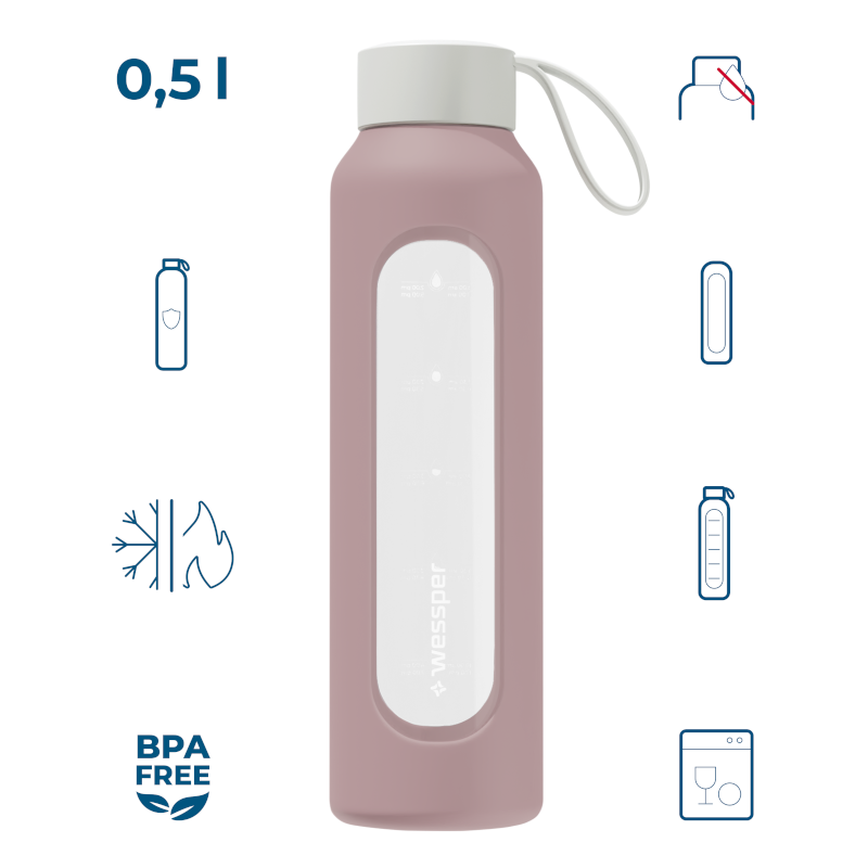 Szklana butelka na wodę 0,5 l Wessper B1 Borosilicate w zestawie z etui silikonowym Dusty Rose – szczelna, bez BPA, z miarką Szklana butelka na wodę 0,5 l Wessper B1 Borosilicate w zestawie z etui silikonowym Dusty Rose – szczelna, bez BPA, z miarką