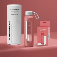Szklana butelka na wodę 0,5 l Wessper B1 Borosilicate Coral – szczelna, bez BPA, z miarką