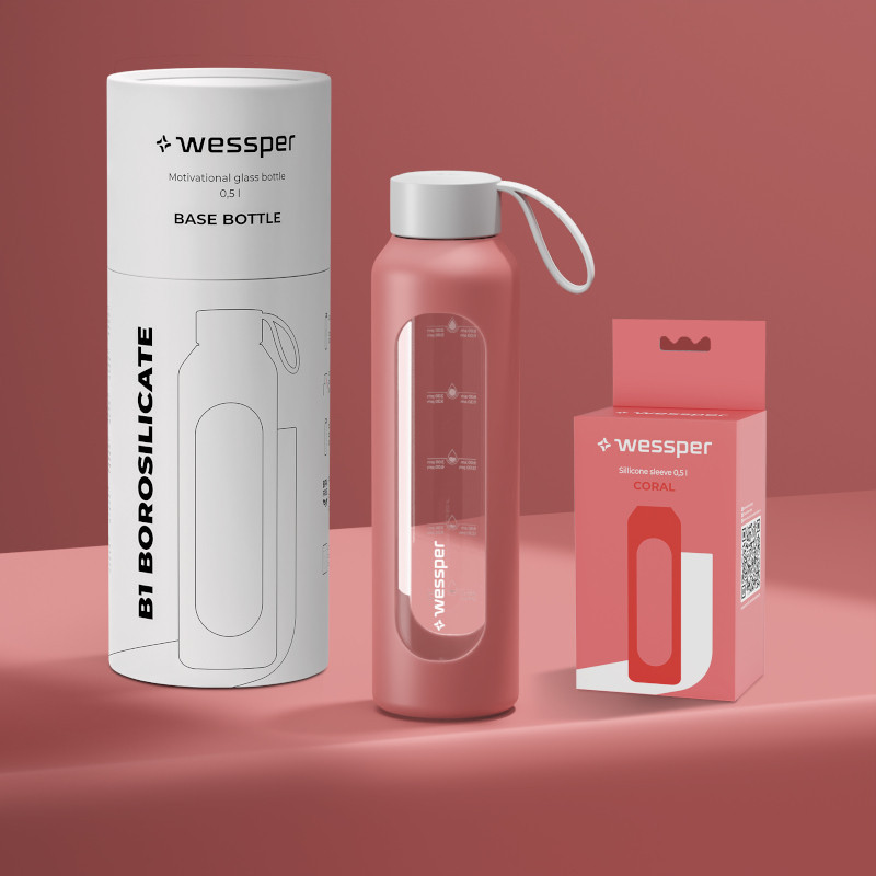 Szklana butelka na wodę 0,5 l Wessper B1 Borosilicate w zestawie z etui silikonowym Coral – szczelna, bez BPA, z miarką Szklana butelka na wodę 0,5 l Wessper B1 Borosilicate w zestawie z etui silikonowym Coral – szczelna, bez BPA, z miarką