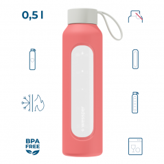 Szklana butelka na wodę 0,5 l Wessper B1 Borosilicate Coral – szczelna, bez BPA, z miarką
