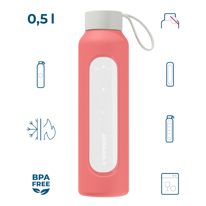 Szklana butelka na wodę 0,5 l Wessper B1 Borosilicate w zestawie z etui silikonowym Coral – szczelna, bez BPA, z miarką Szklana butelka na wodę 0,5 l Wessper B1 Borosilicate w zestawie z etui silikonowym Coral – szczelna, bez BPA, z miarką
