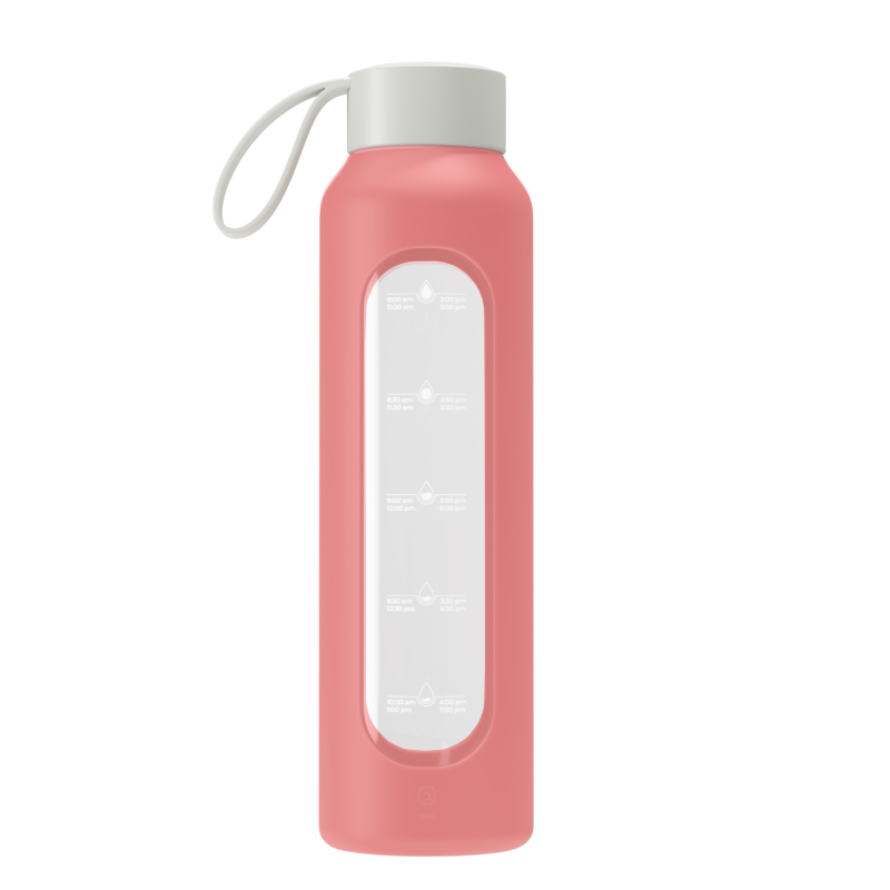 Szklana butelka na wodę 0,5 l Wessper B1 Borosilicate w zestawie z etui silikonowym Coral – szczelna, bez BPA, z miarką