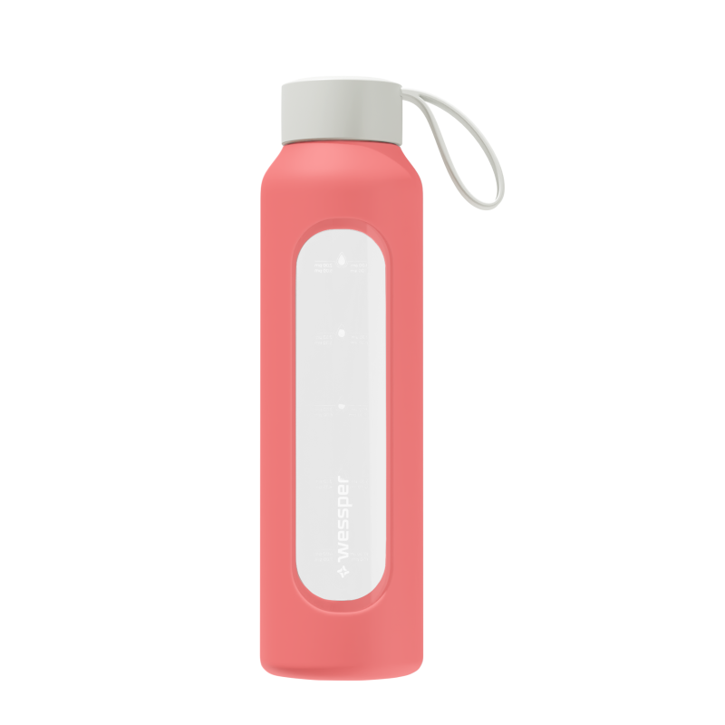 Szklana butelka na wodę 0,5 l Wessper B1 Borosilicate Coral – szczelna, bez BPA, z miarką