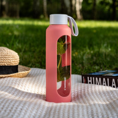 Szklana butelka na wodę 0,5 l Wessper B1 Borosilicate Coral – szczelna, bez BPA, z miarką