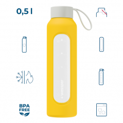 Szklana butelka na wodę 0,5 l Wessper B1 Borosilicate Sun – szczelna, bez BPA, z miarką