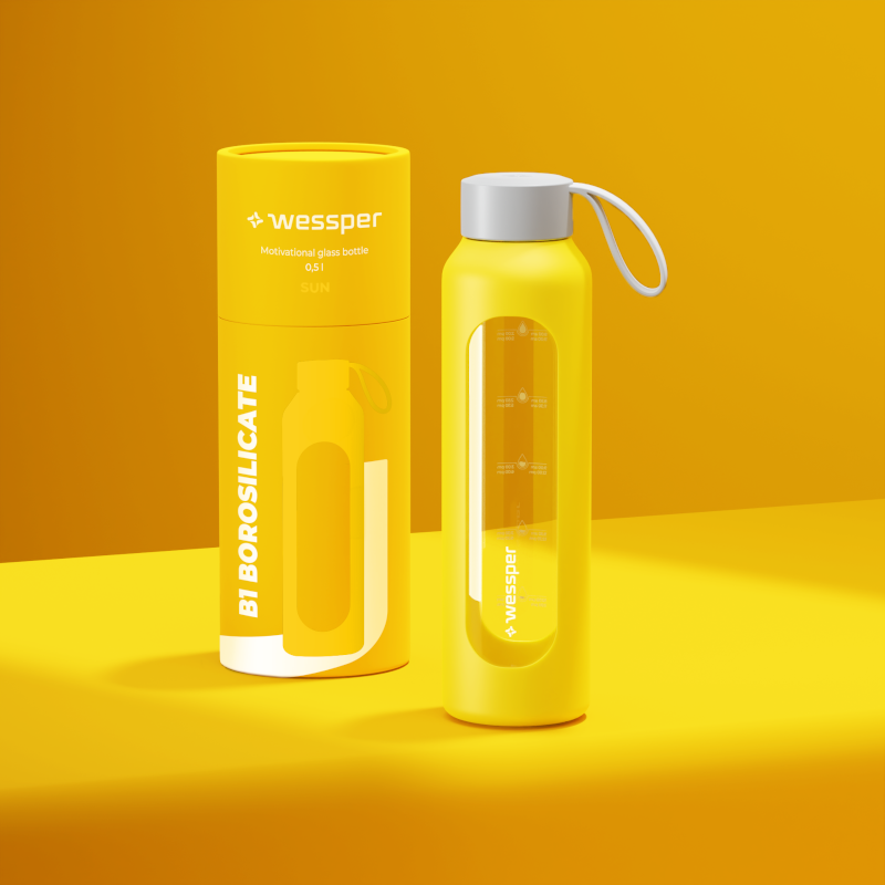 Szklana butelka na wodę 0,5 l Wessper B1 Borosilicate Sun – szczelna, bez BPA, z miarką Szklana butelka na wodę 0,5 l Wessper B1 Borosilicate Sun – szczelna, bez BPA, z miarką