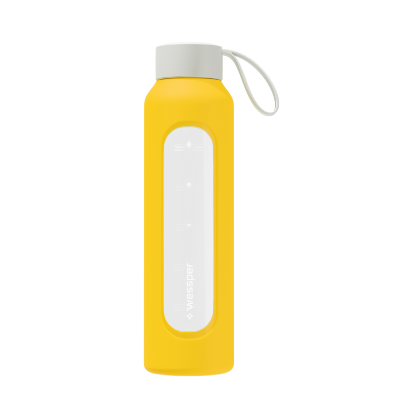 Szklana butelka na wodę 0,5 l Wessper B1 Borosilicate Sun – szczelna, bez BPA, z miarką