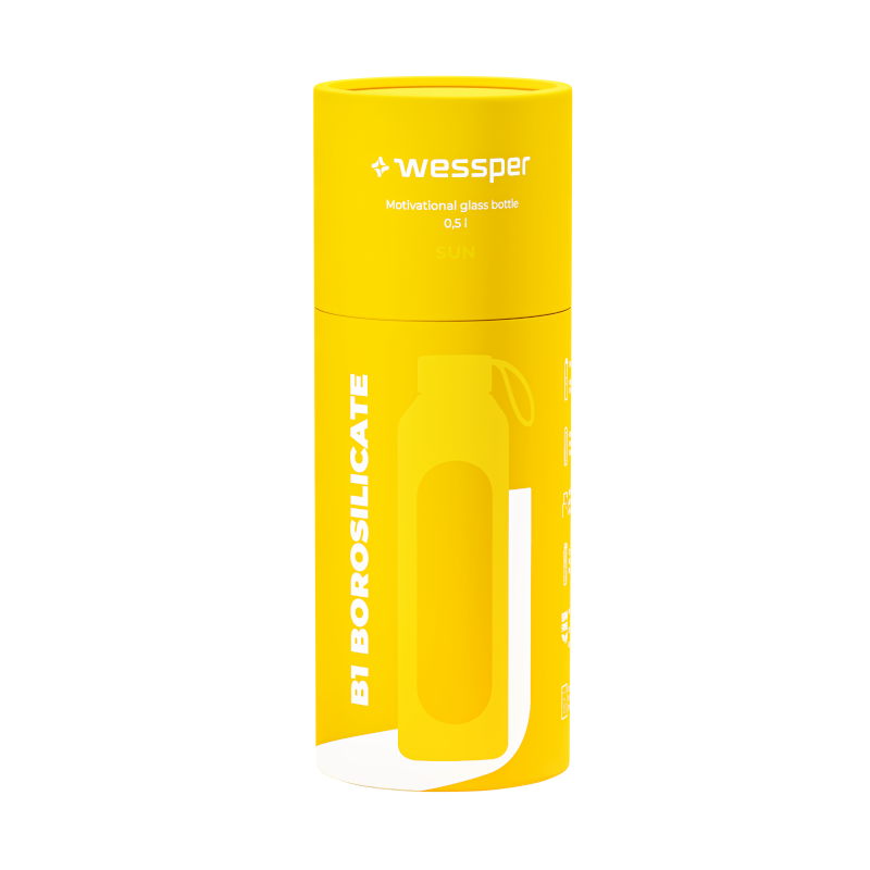 Szklana butelka na wodę 0,5 l Wessper B1 Borosilicate Sun – szczelna, bez BPA, z miarką Szklana butelka na wodę 0,5 l Wessper B1 Borosilicate Sun – szczelna, bez BPA, z miarką