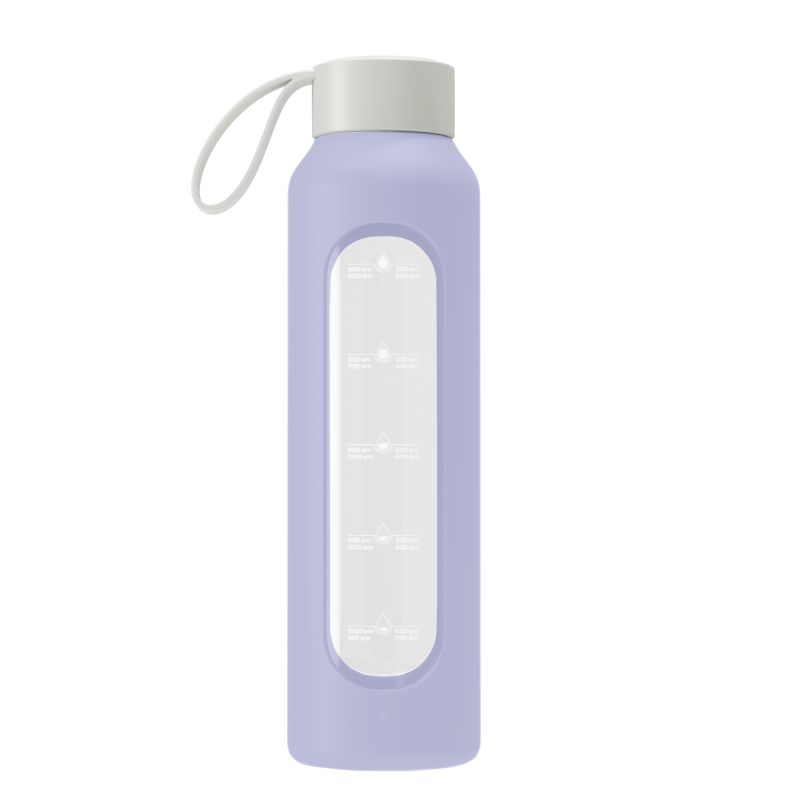 Szklana butelka na wodę 0,5 l Wessper B1 Borosilicate Lavender – szczelna, bez BPA, z miarką