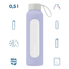 Szklana butelka na wodę 0,5 l Wessper B1 Borosilicate Lavender – szczelna, bez BPA, z miarką