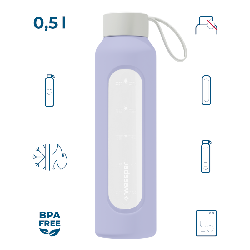 Szklana butelka na wodę 0,5 l Wessper B1 Borosilicate Lavender – szczelna, bez BPA, z miarką