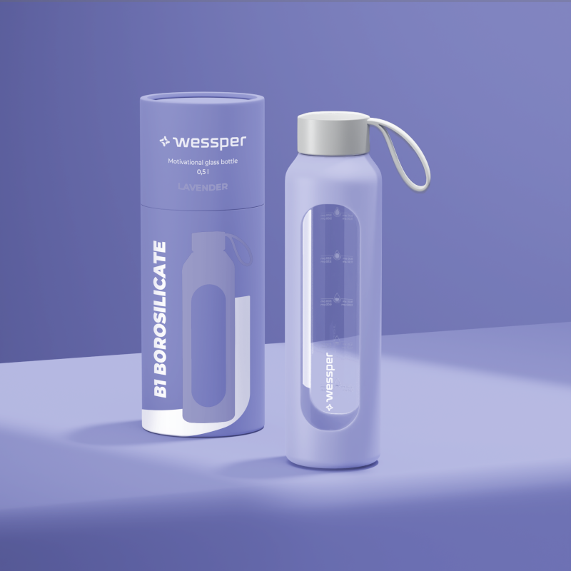 Szklana butelka na wodę 0,5 l Wessper B1 Borosilicate Lavender – szczelna, bez BPA, z miarką Szklana butelka na wodę 0,5 l Wessper B1 Borosilicate Lavender – szczelna, bez BPA, z miarką