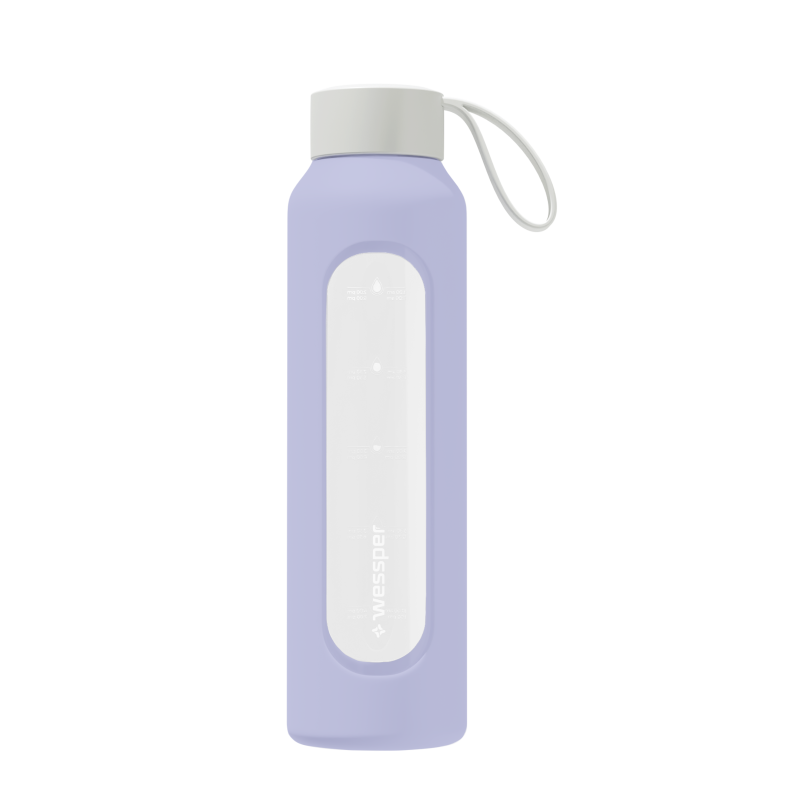 Szklana butelka na wodę 0,5 l Wessper B1 Borosilicate Lavender – szczelna, bez BPA, z miarką Szklana butelka na wodę 0,5 l Wessper B1 Borosilicate Lavender – szczelna, bez BPA, z miarką
