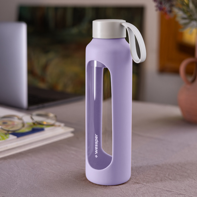 Szklana butelka na wodę 0,5 l Wessper B1 Borosilicate Lavender – szczelna, bez BPA, z miarką Szklana butelka na wodę 0,5 l Wessper B1 Borosilicate Lavender – szczelna, bez BPA, z miarką
