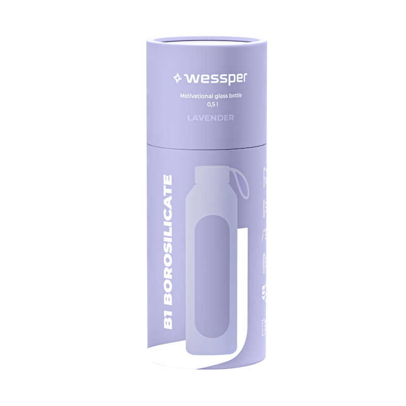Szklana butelka na wodę 0,5 l Wessper B1 Borosilicate Lavender – szczelna, bez BPA, z miarką Szklana butelka na wodę 0,5 l Wessper B1 Borosilicate Lavender – szczelna, bez BPA, z miarką