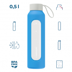 Szklana butelka na wodę 0,5 l Wessper B1 Borosilicate Ocean – szczelna, bez BPA, z miarką