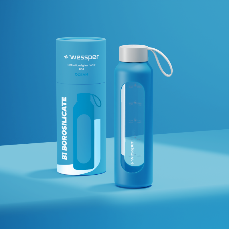 Szklana butelka na wodę 0,5 l Wessper B1 Borosilicate Ocean – szczelna, bez BPA, z miarką Szklana butelka na wodę 0,5 l Wessper B1 Borosilicate Ocean – szczelna, bez BPA, z miarką